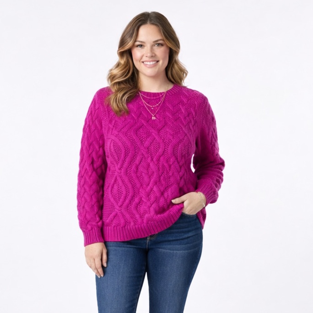 Lands'‎ End Drifter Small Cable Knit Sweater Berry Pink Classic Casual